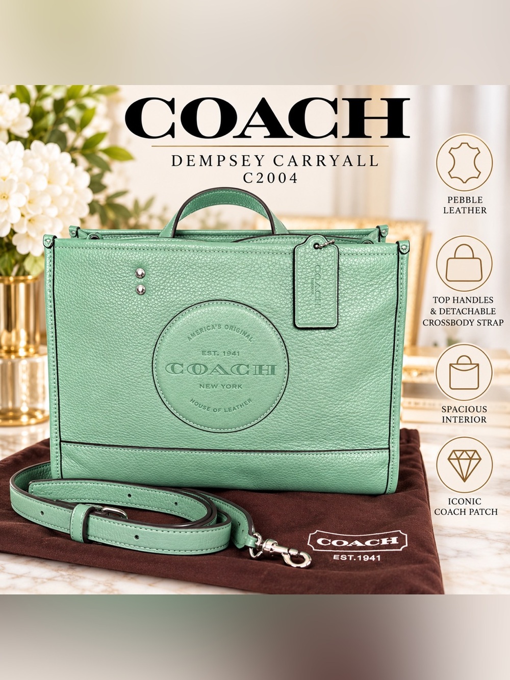 Coach Dempsey C2004 Washed Green Pebble Leather Carryall Crossbody Bag